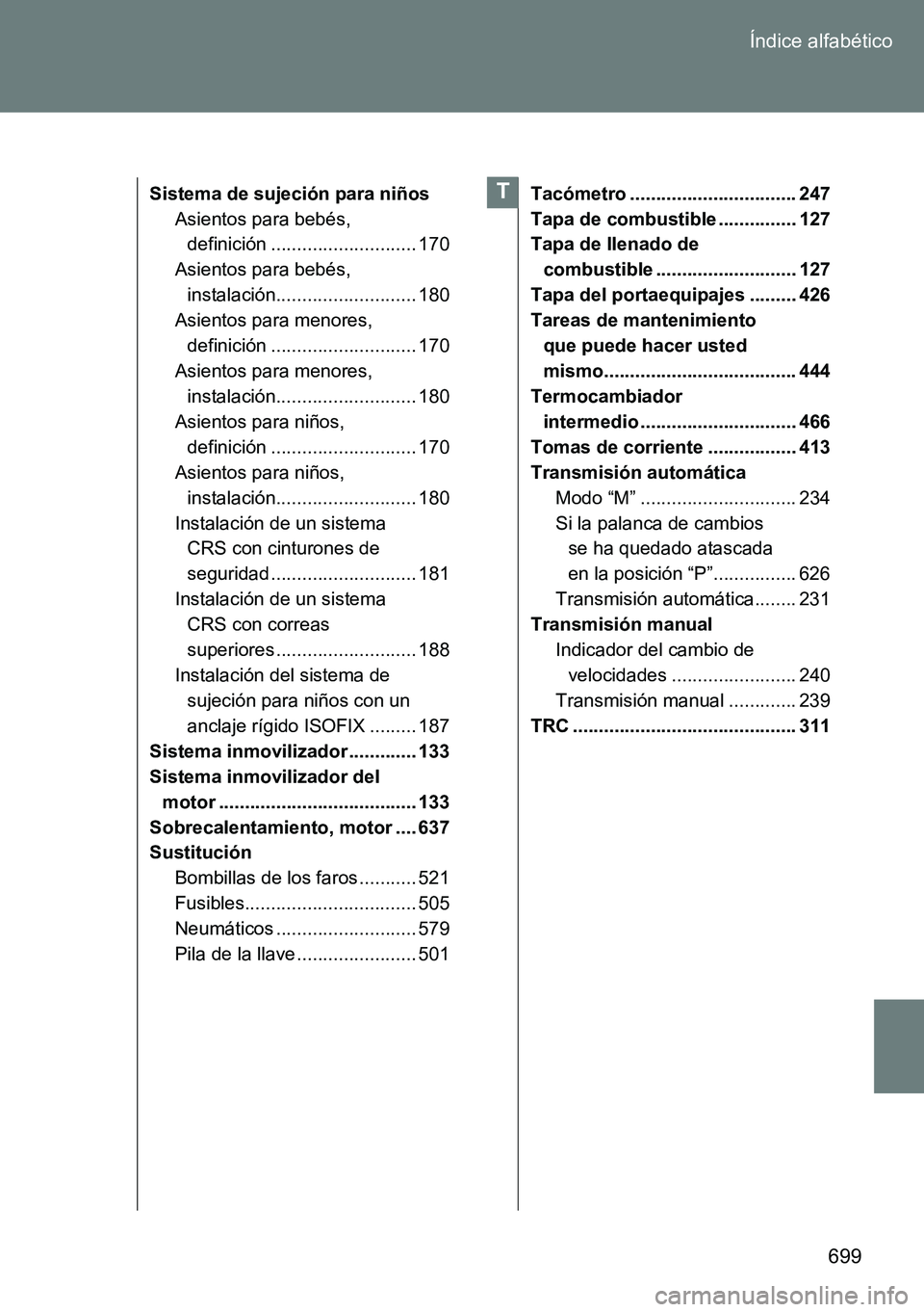 TOYOTA VERSO 2014  Manual del propietario (in Spanish) 699 Índice alfabético
Sistema de sujeción para niños
Asientos para bebés, 
definición ............................ 170
Asientos para bebés, 
instalación........................... 180
Asientos