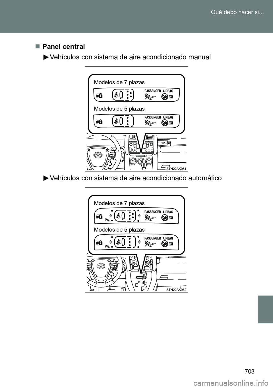 TOYOTA VERSO 2014 Manual del propietario (in Spanish) 703 Qué debo hacer si...
Panel central
Vehículos con sistema de aire acondicionado manual
Vehículos con sistema de aire acondicionado automático
Modelos de 7 plazas
Modelos de 5 plazas
Modelos TOYOTA VERSO 2014 Manual del propietario (in Spanish) 703 Qué debo hacer si...
Panel central
Vehículos con sistema de aire acondicionado manual
Vehículos con sistema de aire acondicionado automático
Modelos de 7 plazas
Modelos de 5 plazas
Modelos