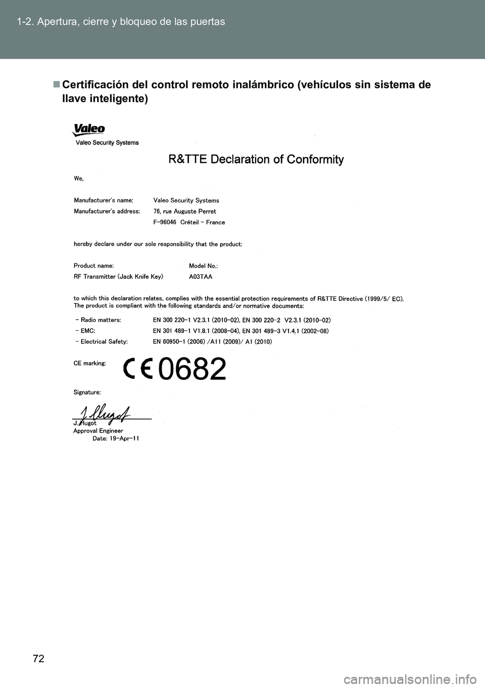 TOYOTA VERSO 2014  Manual del propietario (in Spanish) 72 1-2. Apertura, cierre y bloqueo de las puertas
Certificación del control remoto inalámbrico (vehículos sin sistema de
llave inteligente) 