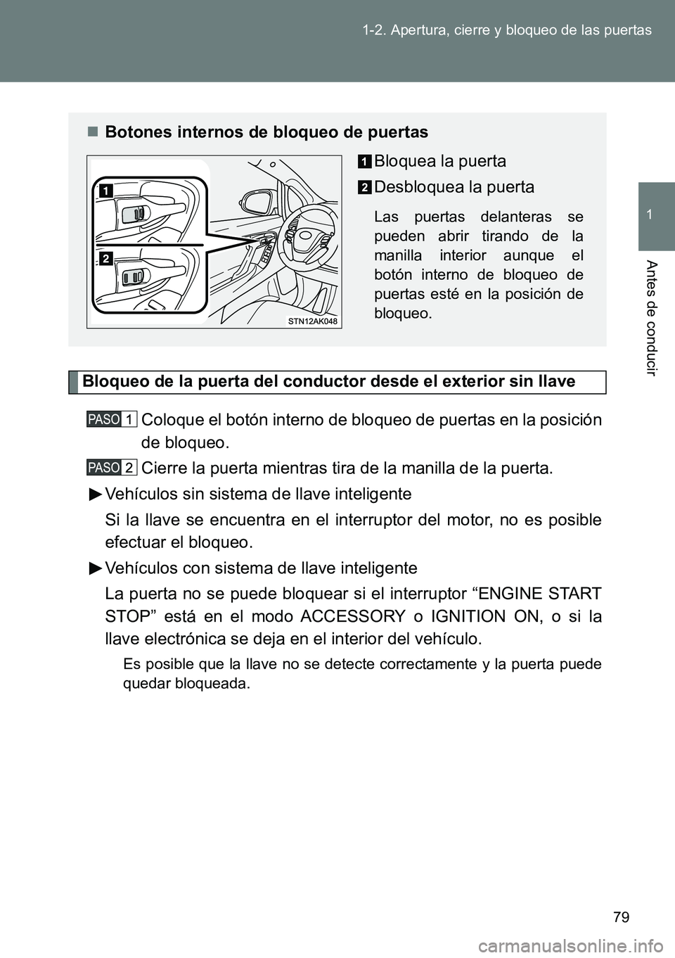 TOYOTA VERSO 2014  Manual del propietario (in Spanish) 79 1-2. Apertura, cierre y bloqueo de las puertas
1
Antes de conducir
Bloqueo de la puerta del conductor desde el exterior sin llave
Coloque el botón interno de bloqueo de puertas en la posición
de 
