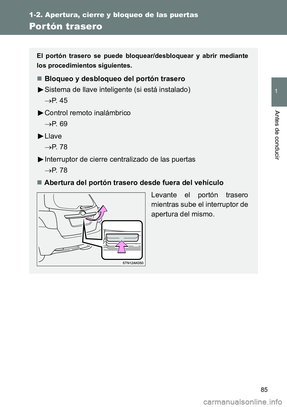 TOYOTA VERSO 2014 Manual del propietario (in Spanish) 85
1
1-2. Apertura, cierre y bloqueo de las puertas
Antes de conducir
Por tón trasero
El portón trasero se puede bloquear/desbloquear y abrir mediante
los procedimientos siguientes.
Bloqueo y des TOYOTA VERSO 2014 Manual del propietario (in Spanish) 85
1
1-2. Apertura, cierre y bloqueo de las puertas
Antes de conducir
Por tón trasero
El portón trasero se puede bloquear/desbloquear y abrir mediante
los procedimientos siguientes.
Bloqueo y des