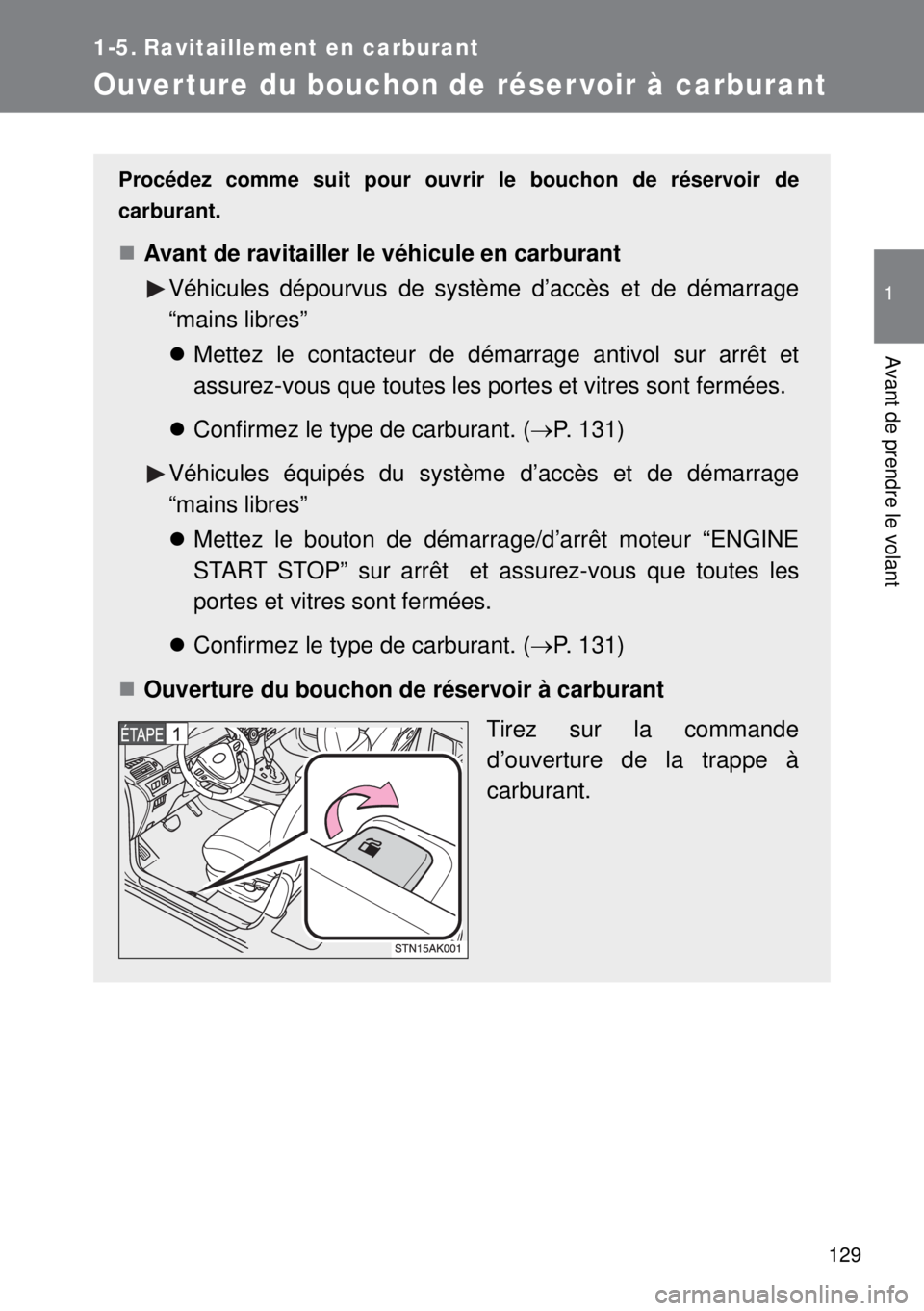 TOYOTA VERSO 2014  Manuel du propriétaire (in French) 129
1
Avant de prendre le volant
1-5. Ravitaillement en carburant
Ouverture du bouchon de réser voir à carburant
Procédez comme suit pour ouvrir le bouchon de réservoir de
carburant.
Avant de r