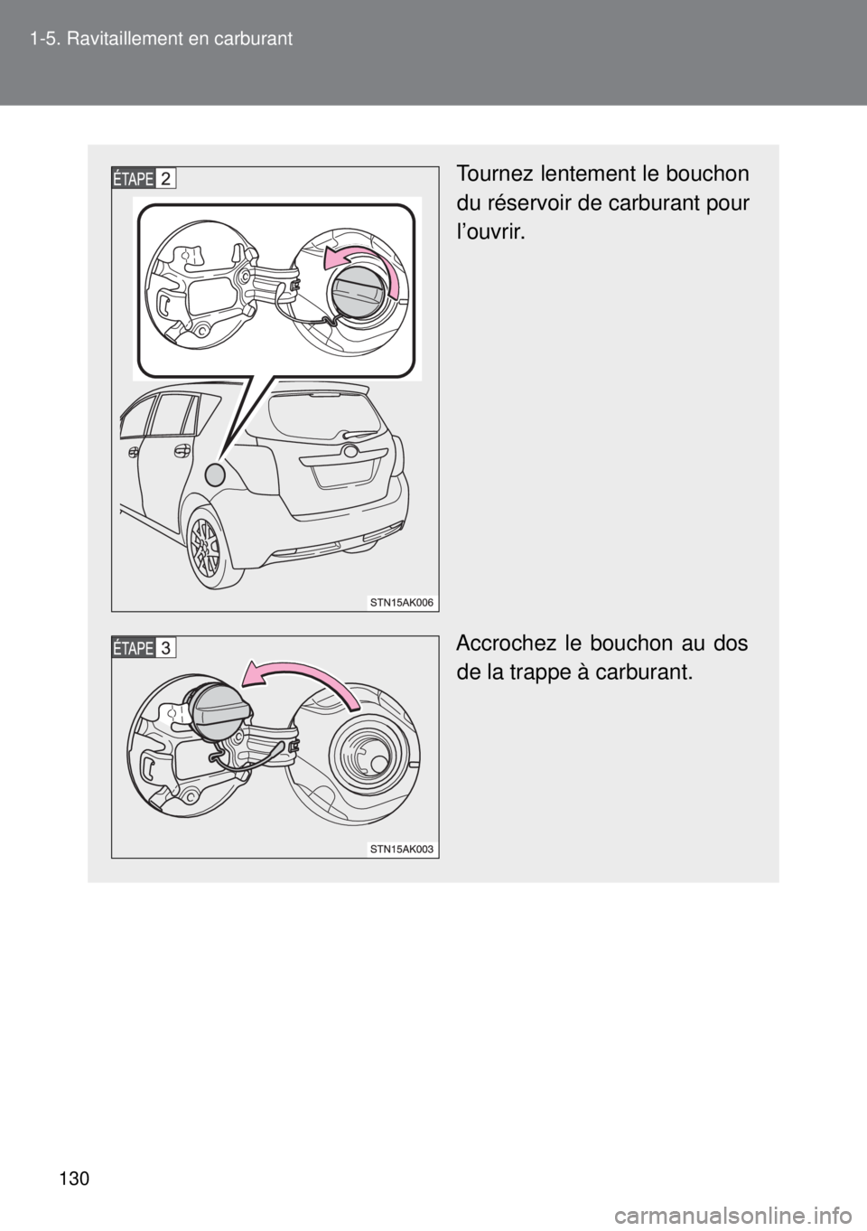 TOYOTA VERSO 2014 Manuel du propriétaire (in French) 130 1-5. Ravitaillement en carburant
Tournez lentement le bouchon
du réservoir de carburant pour
l’ouvrir.
Accrochez le bouchon au dos
de la trappe à carburant. TOYOTA VERSO 2014 Manuel du propriétaire (in French) 130 1-5. Ravitaillement en carburant
Tournez lentement le bouchon
du réservoir de carburant pour
l’ouvrir.
Accrochez le bouchon au dos
de la trappe à carburant.