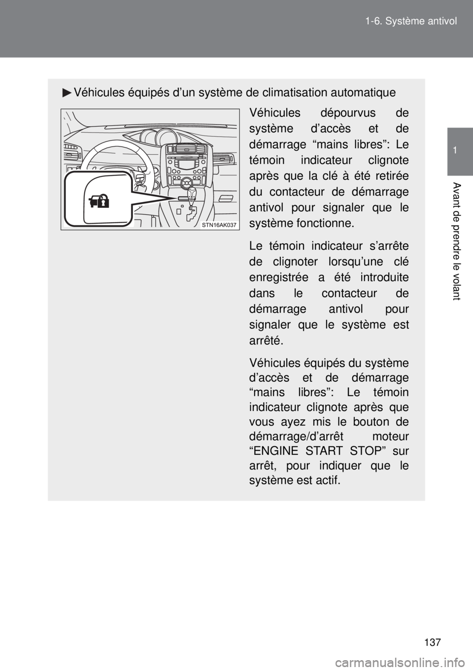 TOYOTA VERSO 2014 Manuel du propriétaire (in French) 137 1-6. Système antivol
1
Avant de prendre le volant
Véhicules équipés d’un système de climatisation automatique
Véhicules dépourvus de
système d’accès et de
démarrage “mains libres TOYOTA VERSO 2014 Manuel du propriétaire (in French) 137 1-6. Système antivol
1
Avant de prendre le volant
Véhicules équipés d’un système de climatisation automatique
Véhicules dépourvus de
système d’accès et de
démarrage “mains libres
