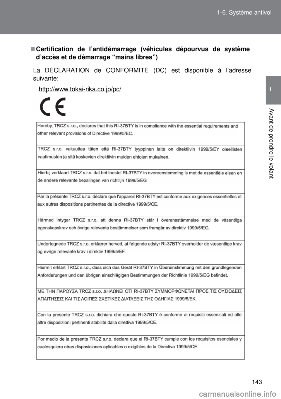 TOYOTA VERSO 2014  Manuel du propriétaire (in French) 143 1-6. Système antivol
1
Avant de prendre le volant
Certification de l’antidémarrage (véhicules dépourvus de système
d’accès et de démarrage “mains libres”)
La DÉCLARATION de CONF