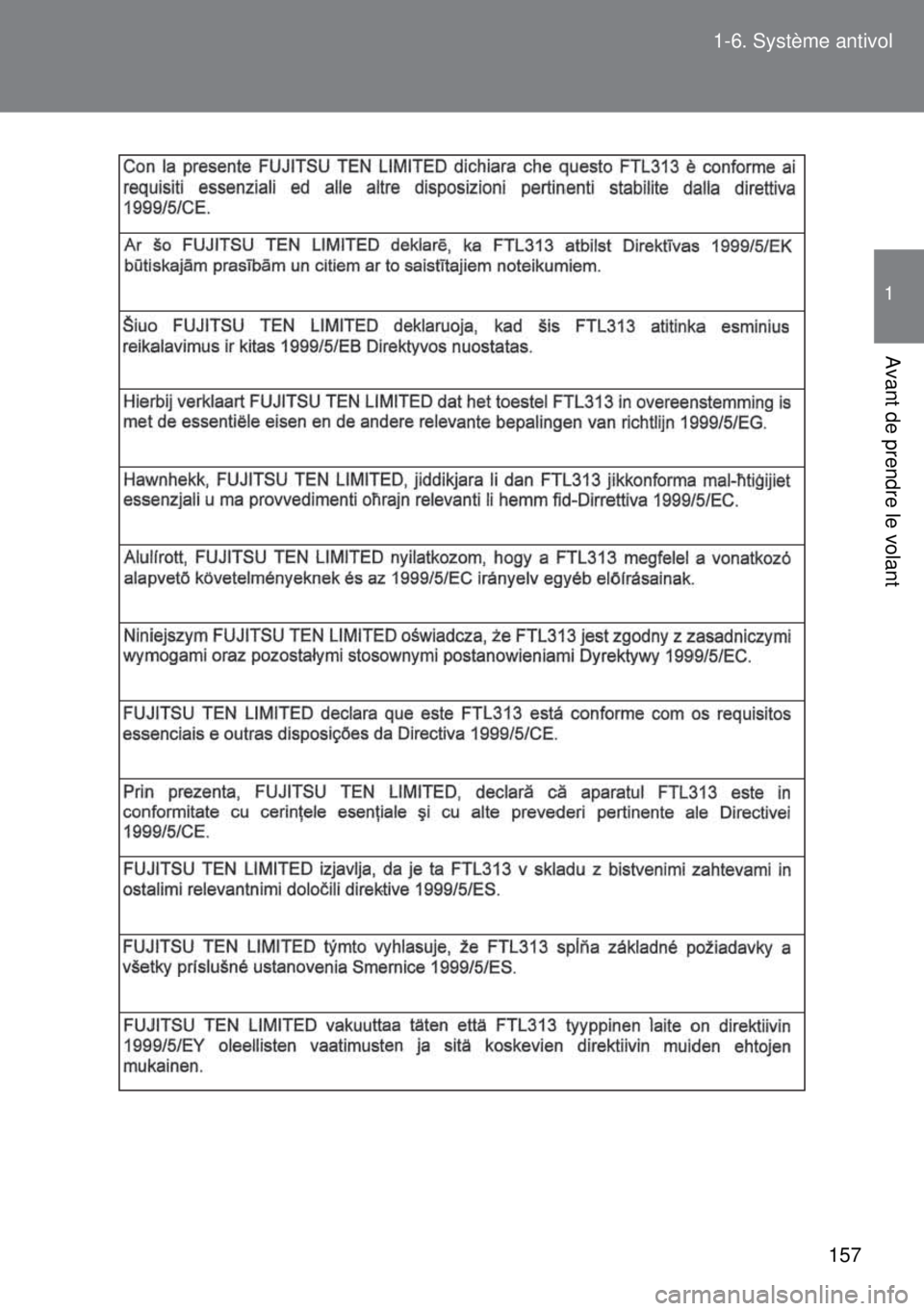 TOYOTA VERSO 2014 Manuel du propriétaire (in French) 157 1-6. Système antivol
1
Avant de prendre le volant TOYOTA VERSO 2014 Manuel du propriétaire (in French) 157 1-6. Système antivol
1
Avant de prendre le volant