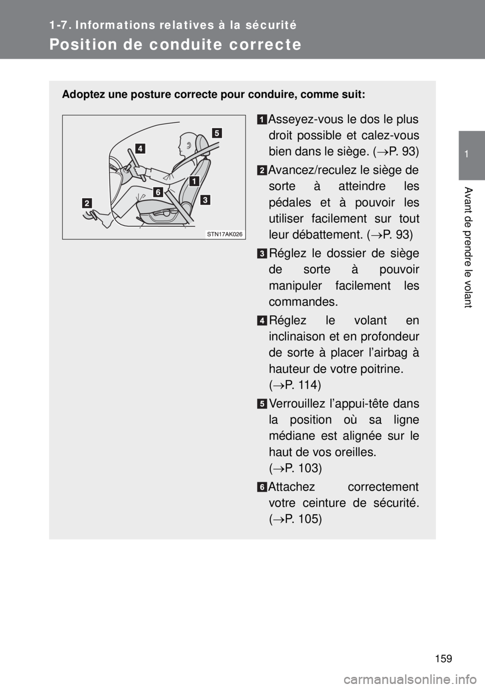 TOYOTA VERSO 2014 Manuel du propriétaire (in French) 159
1
Avant de prendre le volant
1-7. Informations relatives à la sécurité
Position de conduite correcte
Adoptez une posture correcte pour conduire, comme suit:
Asseyez-vous le dos le plus
droit po TOYOTA VERSO 2014 Manuel du propriétaire (in French) 159
1
Avant de prendre le volant
1-7. Informations relatives à la sécurité
Position de conduite correcte
Adoptez une posture correcte pour conduire, comme suit:
Asseyez-vous le dos le plus
droit po