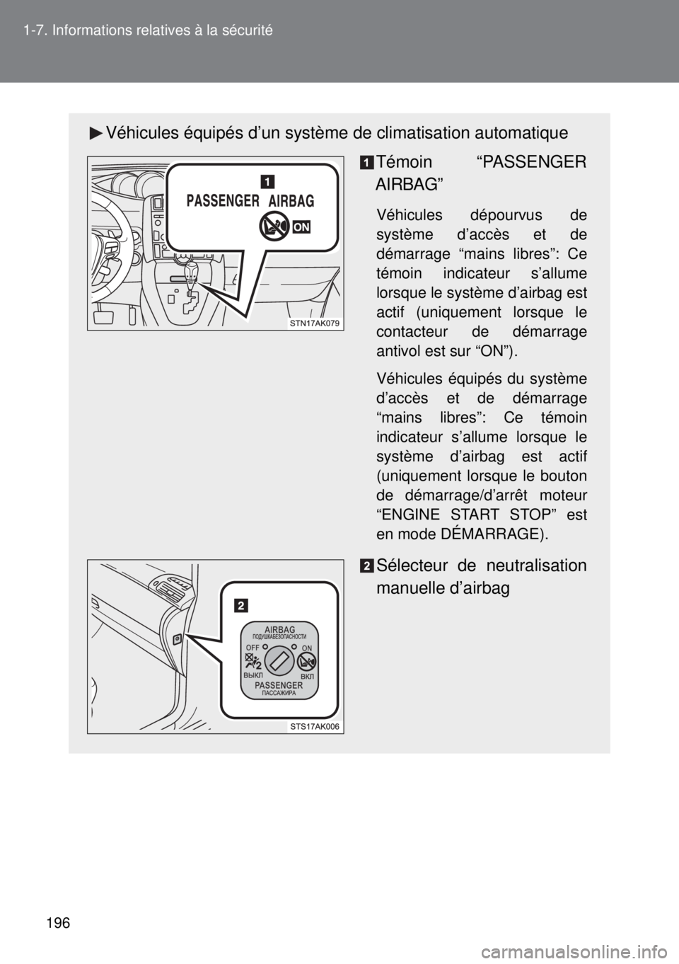 TOYOTA VERSO 2014  Manuel du propriétaire (in French) 196 1-7. Informations relatives à la sécurité
Véhicules équipés d’un système de climatisation automatique
Témoin “PASSENGER
AIRBAG”
Véhicules dépourvus de
système d’accès et de
dé