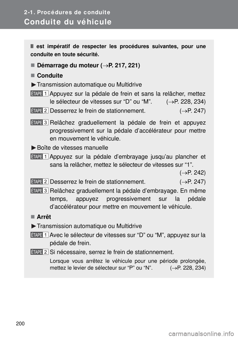 TOYOTA VERSO 2014  Manuel du propriétaire (in French) 200
2-1. Procédures de conduite
Conduite du véhicule
Il est impératif de respecter les procédures suivantes, pour une
conduite en toute sécurité.
Démarrage du moteur (P. 217, 221)
Cond