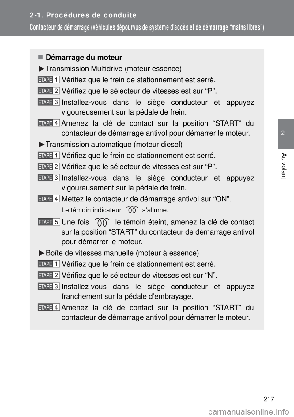 TOYOTA VERSO 2014  Manuel du propriétaire (in French) 217
2-1. Procédures de conduite
2
Au volant
Contacteur de démarrage (véhicules dépour vus de système d’accès et de démarrage “mains libres”)
Démarrage du moteur
Transmission Multidriv
