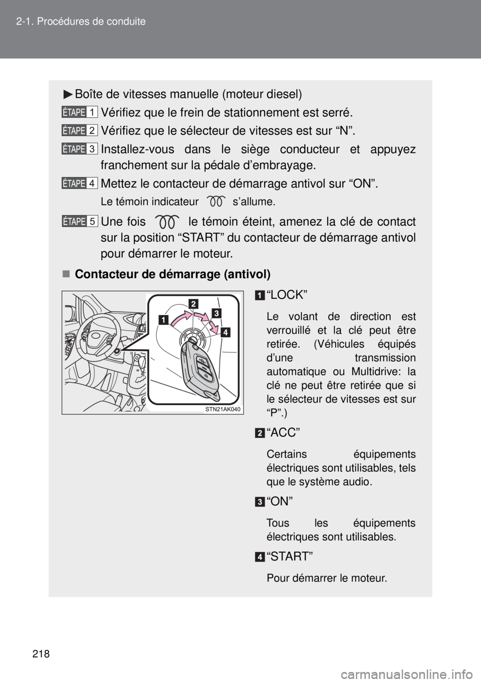 TOYOTA VERSO 2014  Manuel du propriétaire (in French) 218 2-1. Procédures de conduite
Boîte de vitesses manuelle (moteur diesel)
Vérifiez que le frein de stationnement est serré.
Vérifiez que le sélecteur de vitesses est sur “N”.
Installez-vous