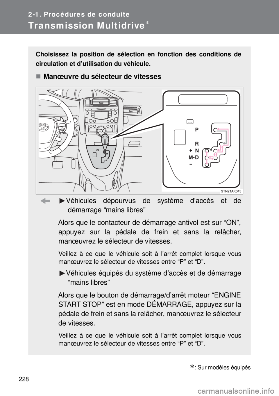 TOYOTA VERSO 2014 Manuel du propriétaire (in French) 228
2-1. Procédures de conduite
Transmission Multidrive
: Sur modèles équipés
Choisissez la position de sélection en fonction des conditions de
circulation et d’utilisation du véhicule.
TOYOTA VERSO 2014 Manuel du propriétaire (in French) 228
2-1. Procédures de conduite
Transmission Multidrive
: Sur modèles équipés
Choisissez la position de sélection en fonction des conditions de
circulation et d’utilisation du véhicule.