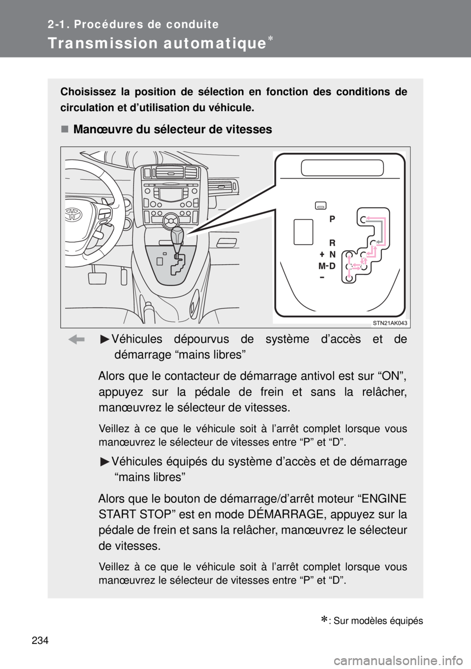TOYOTA VERSO 2014 Manuel du propriétaire (in French) 234
2-1. Procédures de conduite
Transmission automatique
: Sur modèles équipés
Choisissez la position de sélection en fonction des conditions de
circulation et d’utilisation du véhicule. TOYOTA VERSO 2014 Manuel du propriétaire (in French) 234
2-1. Procédures de conduite
Transmission automatique
: Sur modèles équipés
Choisissez la position de sélection en fonction des conditions de
circulation et d’utilisation du véhicule.