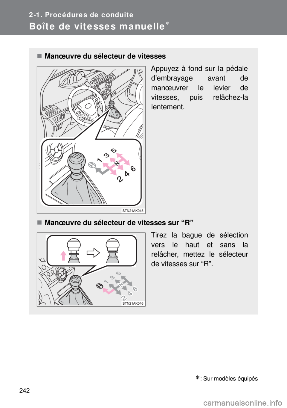 TOYOTA VERSO 2014  Manuel du propriétaire (in French) 242
2-1. Procédures de conduite
Boîte de vitesses manuelle
: Sur modèles équipés
Manœuvre du sélecteur de vitesses 
Appuyez à fond sur la pédale
d’embrayage avant de
manœuvrer le 
