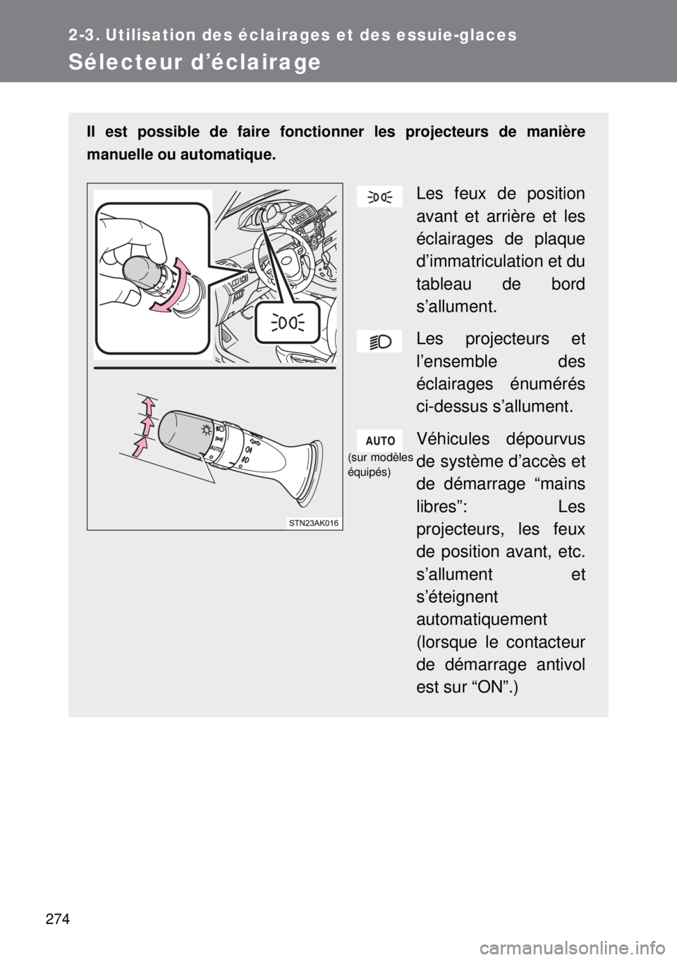 TOYOTA VERSO 2014  Manuel du propriétaire (in French) 274
2-3. Utilisation des éclairages et des essuie-glaces
Sélecteur d’éclairage
Il est possible de faire fonctionner les projecteurs de manière
manuelle ou automatique.
Les feux de position
avant