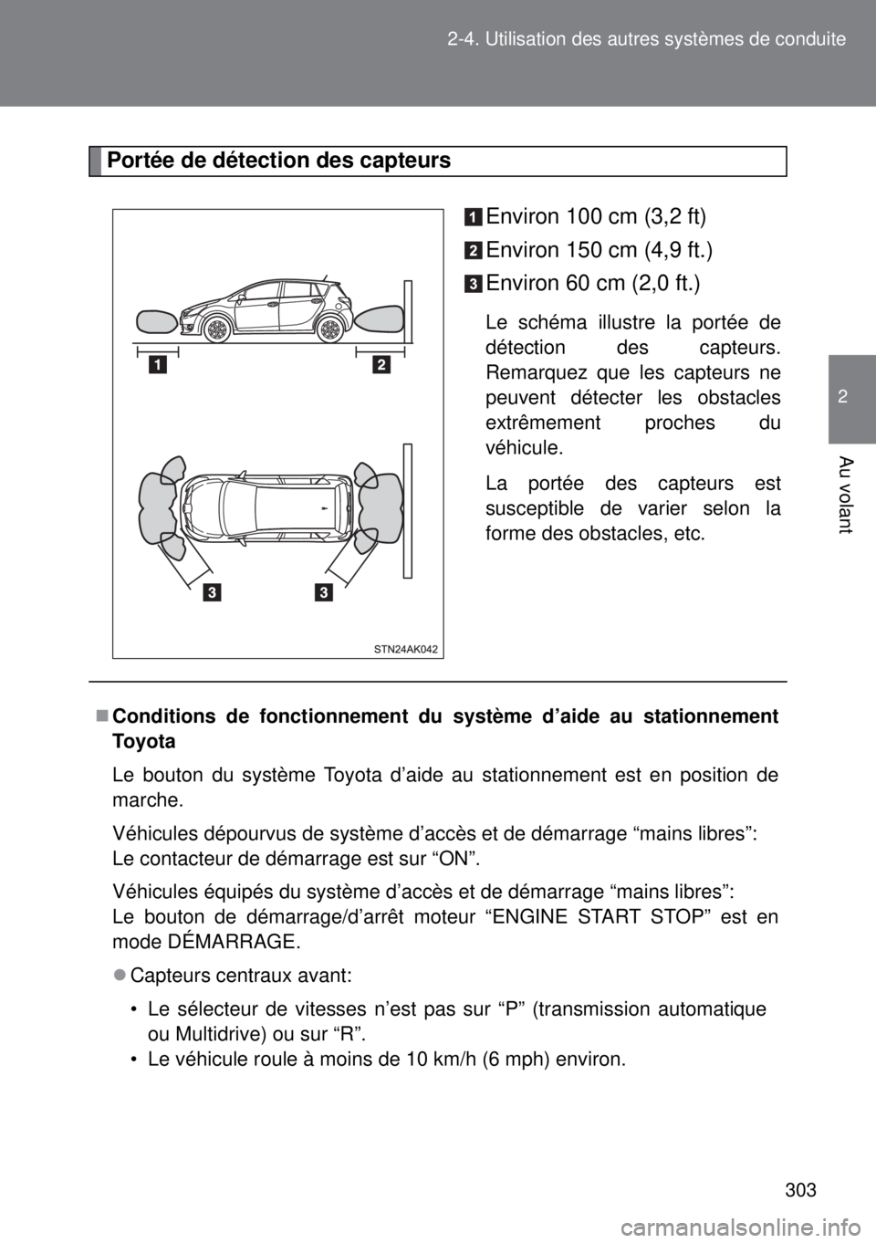 TOYOTA VERSO 2014  Manuel du propriétaire (in French) 303 2-4. Utilisation des autres systèmes de conduite
2
Au volant
Portée de détection des capteurs
Environ 100 cm (3,2 ft)
Environ 150 cm (4,9 ft.)
Environ 60 cm (2,0 ft.)
Le schéma illustre la por