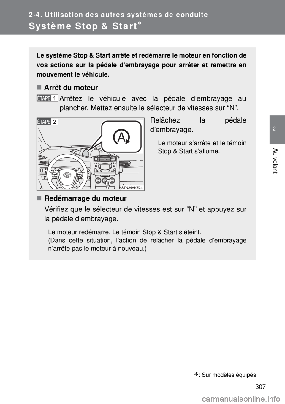 TOYOTA VERSO 2014  Manuel du propriétaire (in French) 307
2-4. Utilisation des autres systèmes de conduite
2
Au volant
Système Stop & Start
: Sur modèles équipés
Le système Stop & Start arrête et redémarre le moteur en fonction de
vos actio