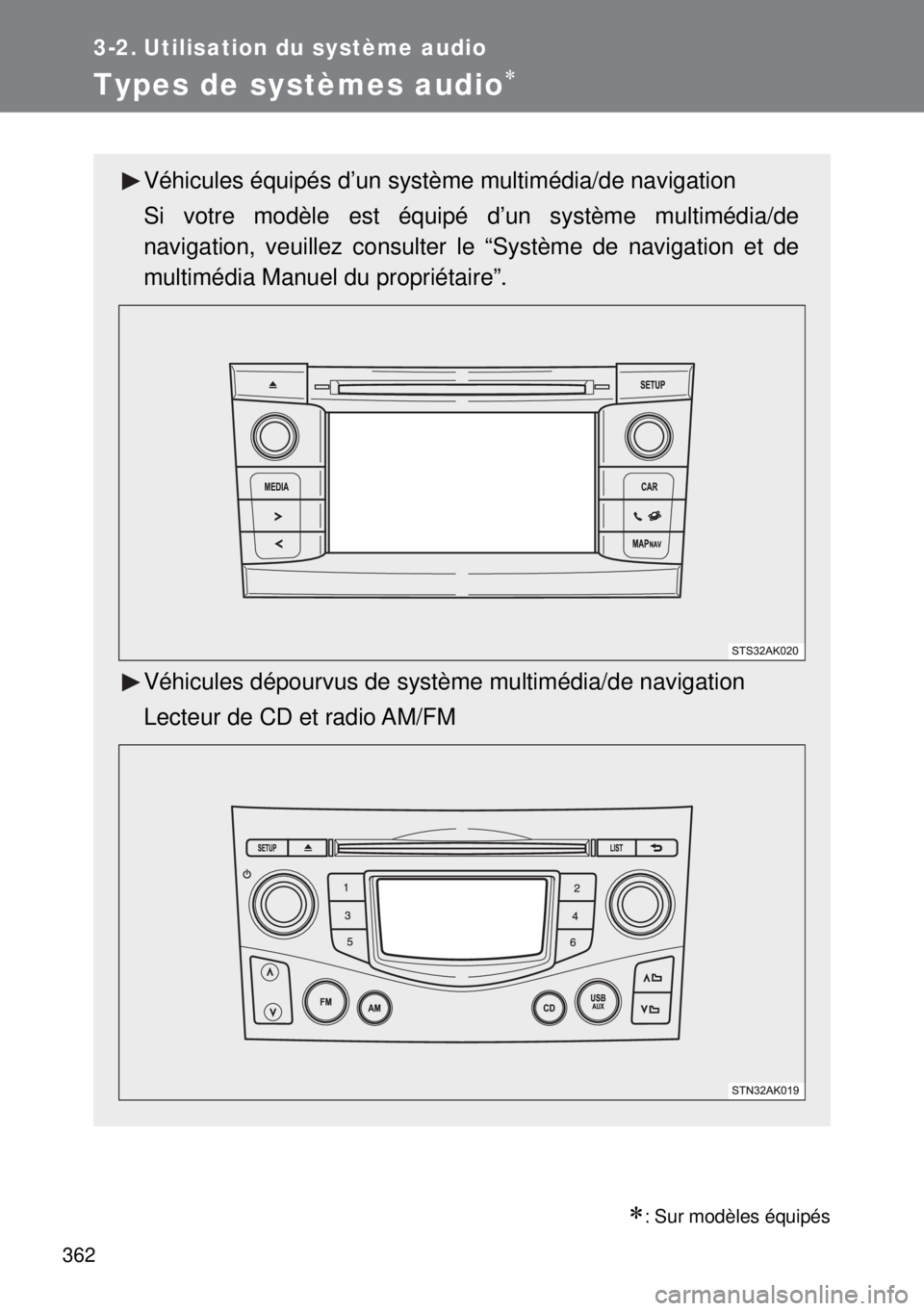 TOYOTA VERSO 2014 Manuel du propriétaire (in French) 362
3-2. Utilisation du système audio
Types de systèmes audio
: Sur modèles équipés
Véhicules équipés d’un système multimédia/de navigation
Si votre modèle est équipé d’un syst TOYOTA VERSO 2014 Manuel du propriétaire (in French) 362
3-2. Utilisation du système audio
Types de systèmes audio
: Sur modèles équipés
Véhicules équipés d’un système multimédia/de navigation
Si votre modèle est équipé d’un syst