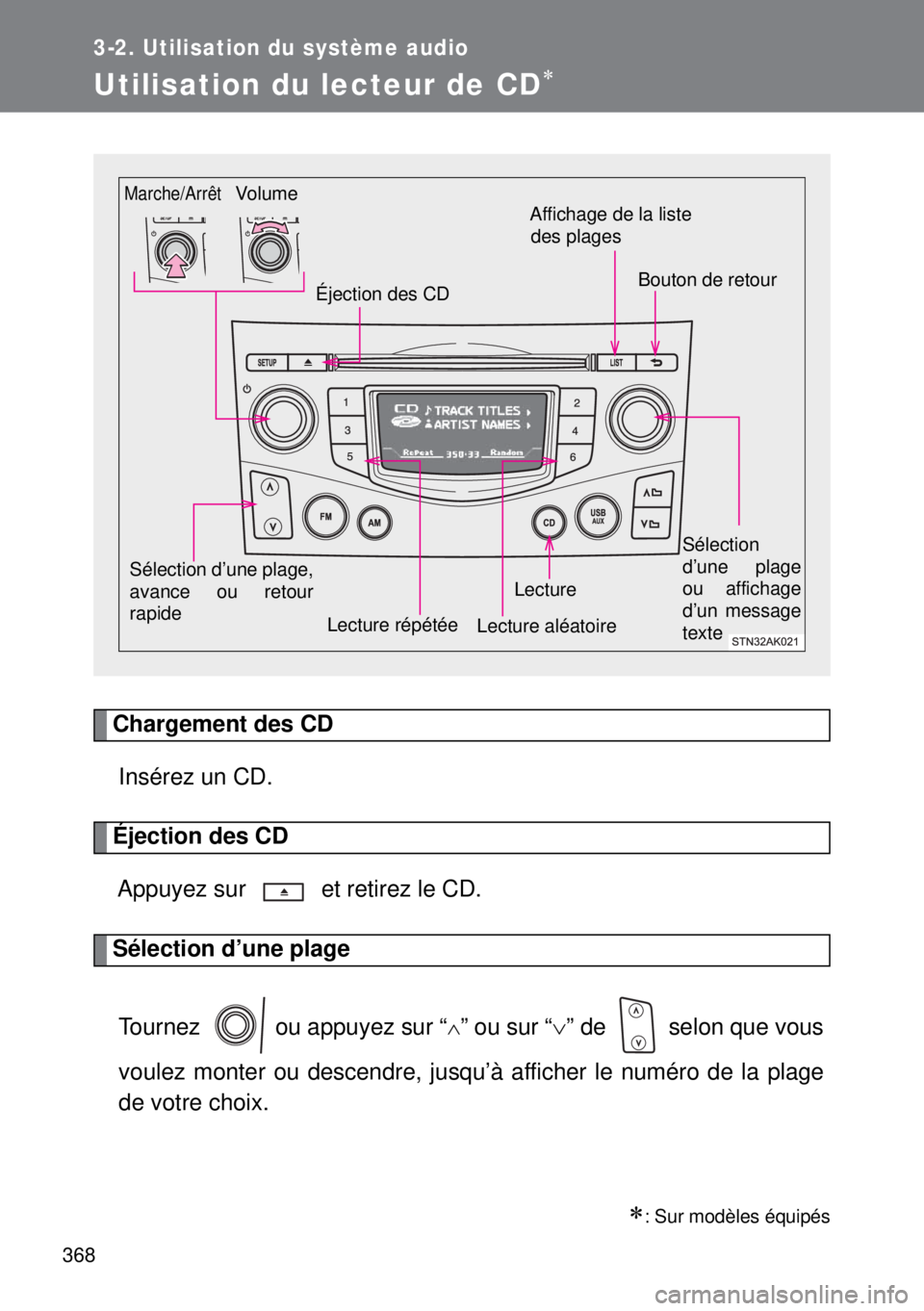 TOYOTA VERSO 2014 Manuel du propriétaire (in French) 368
3-2. Utilisation du système audio
Utilisation du lecteur de CD
Chargement des CD
Insérez un CD.
Éjection des CD
Appuyez sur et retirez le CD.
Sélection d’une plage
Tournez ou appuyez s TOYOTA VERSO 2014 Manuel du propriétaire (in French) 368
3-2. Utilisation du système audio
Utilisation du lecteur de CD
Chargement des CD
Insérez un CD.
Éjection des CD
Appuyez sur et retirez le CD.
Sélection d’une plage
Tournez ou appuyez s