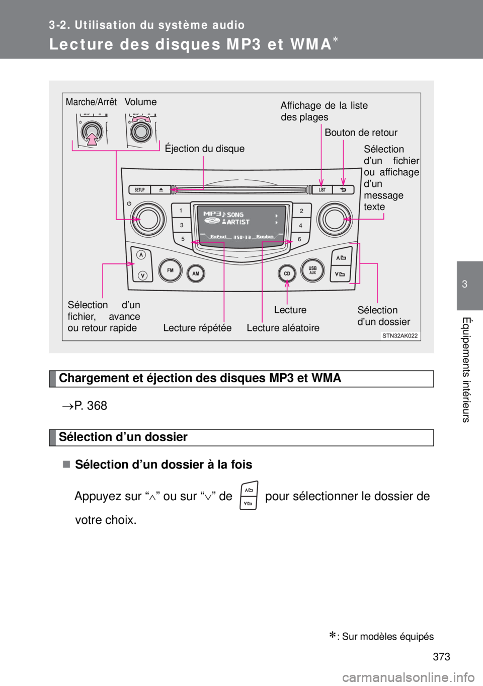 TOYOTA VERSO 2014  Manuel du propriétaire (in French) 373
3-2. Utilisation du système audio
3
Équipements intérieurs
Lecture des disques MP3 et WMA
Chargement et éjection des disques MP3 et WMA
P. 368
Sélection d’un dossier
Sélection d