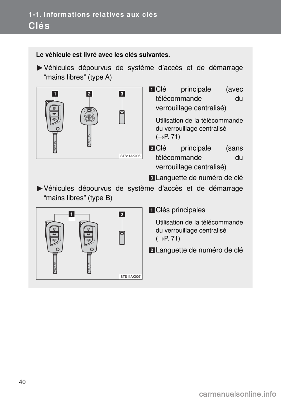 TOYOTA VERSO 2014 Manuel du propriétaire (in French) 40
1-1. Informations relatives aux clés
Clés
Le véhicule est livré avec les clés suivantes.
Véhicules dépourvus de système d’accès et de démarrage
“mains libres” (type A)
Clé principa TOYOTA VERSO 2014 Manuel du propriétaire (in French) 40
1-1. Informations relatives aux clés
Clés
Le véhicule est livré avec les clés suivantes.
Véhicules dépourvus de système d’accès et de démarrage
“mains libres” (type A)
Clé principa
