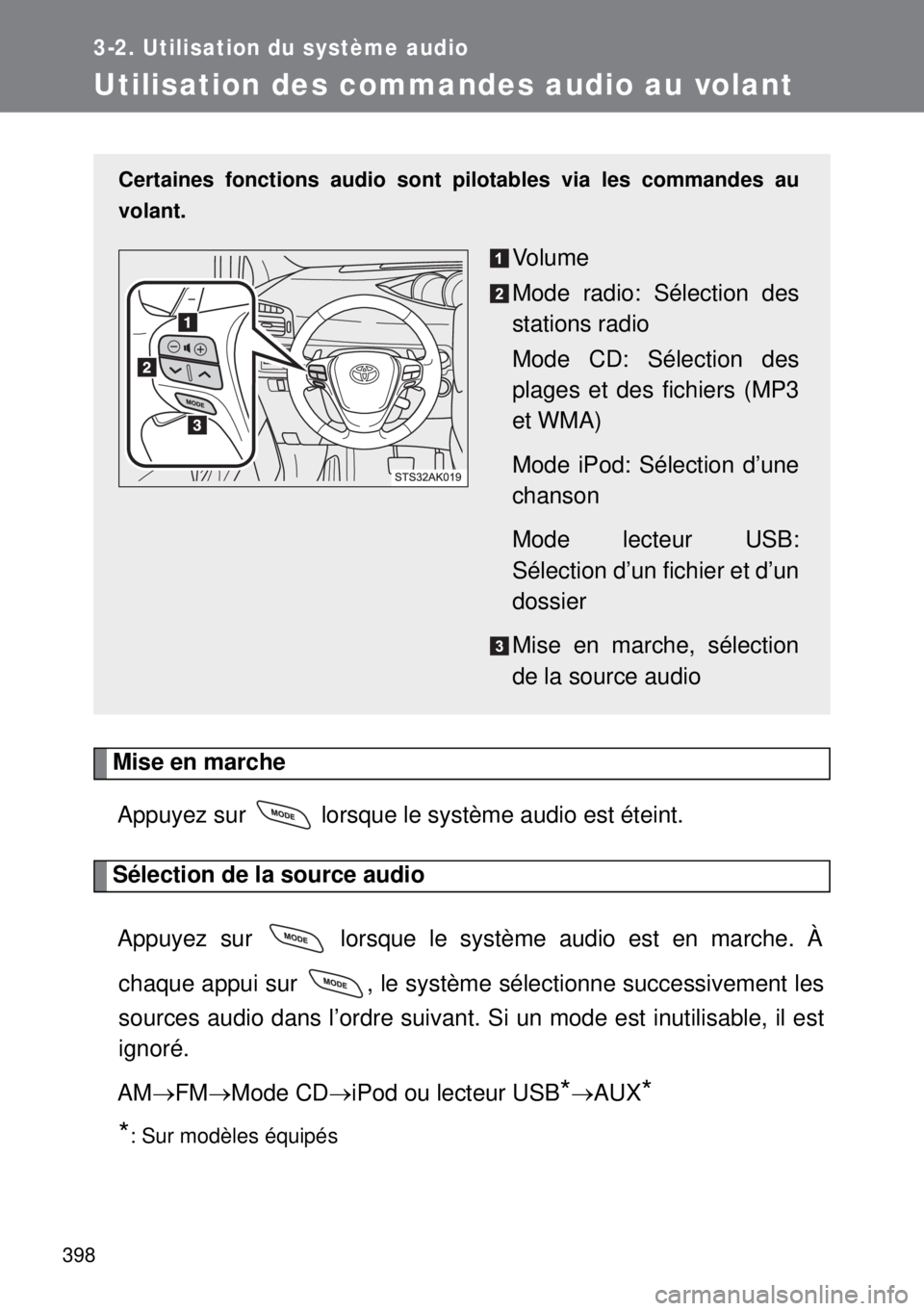 TOYOTA VERSO 2014 Manuel du propriétaire (in French) 398
3-2. Utilisation du système audio
Utilisation des commandes audio au volant
Mise en marche
Appuyez sur lorsque le système audio est éteint.
Sélection de la source audio
Appuyez sur lorsque TOYOTA VERSO 2014 Manuel du propriétaire (in French) 398
3-2. Utilisation du système audio
Utilisation des commandes audio au volant
Mise en marche
Appuyez sur lorsque le système audio est éteint.
Sélection de la source audio
Appuyez sur lorsque