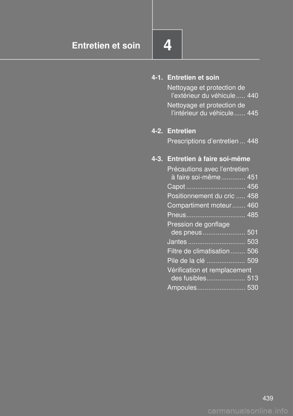 TOYOTA VERSO 2014  Manuel du propriétaire (in French) 4Entretien et soin
439
4-1. Entretien et soin
Nettoyage et protection de 
l’extérieur du véhicule ..... 440
Nettoyage et protection de 
l’intérieur du véhicule ...... 445
4-2. Entretien
Prescr