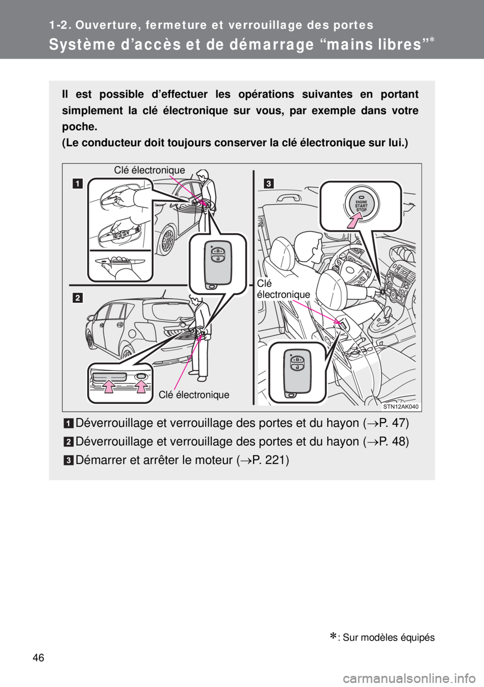 TOYOTA VERSO 2014 Manuel du propriétaire (in French) 46
1-2. Ouverture, fermeture et verrouillage des portes
Système d’accès et de démarrage “mains libres”
: Sur modèles équipés
Il est possible d’effectuer les opérations suivantes e TOYOTA VERSO 2014 Manuel du propriétaire (in French) 46
1-2. Ouverture, fermeture et verrouillage des portes
Système d’accès et de démarrage “mains libres”
: Sur modèles équipés
Il est possible d’effectuer les opérations suivantes e