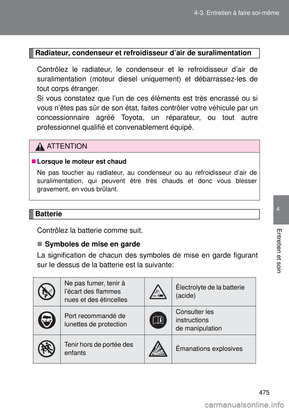 TOYOTA VERSO 2014 Manuel du propriétaire (in French) 475 4-3. Entretien à faire soi-même
4
Entretien et soin
Radiateur, condenseur et refroidisseur d’air de suralimentation
Contrôlez le radiateur, le condenseur et le refroidisseur d’air de
surali TOYOTA VERSO 2014 Manuel du propriétaire (in French) 475 4-3. Entretien à faire soi-même
4
Entretien et soin
Radiateur, condenseur et refroidisseur d’air de suralimentation
Contrôlez le radiateur, le condenseur et le refroidisseur d’air de
surali