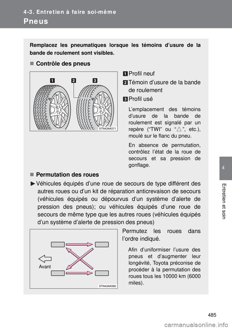 TOYOTA VERSO 2014 Manuel du propriétaire (in French) 485
4-3. Entretien à faire soi-même
4
Entretien et soin
Pneus
Remplacez les pneumatiques lorsque les témoins d’usure de la
bande de roulement sont visibles.
Contrôle des pneus
Profil neuf
Té TOYOTA VERSO 2014 Manuel du propriétaire (in French) 485
4-3. Entretien à faire soi-même
4
Entretien et soin
Pneus
Remplacez les pneumatiques lorsque les témoins d’usure de la
bande de roulement sont visibles.
Contrôle des pneus
Profil neuf
Té