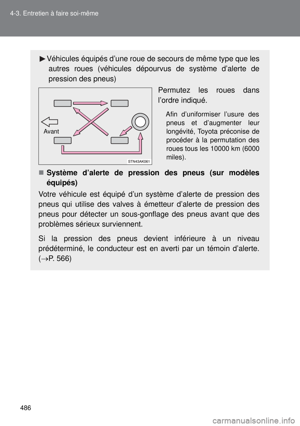 TOYOTA VERSO 2014 Manuel du propriétaire (in French) 486 4-3. Entretien à faire soi-même
Véhicules équipés d’une roue de secours de même type que les
autres roues (véhicules dépourvus de système d’alerte de
pression des pneus)
Permutez les TOYOTA VERSO 2014 Manuel du propriétaire (in French) 486 4-3. Entretien à faire soi-même
Véhicules équipés d’une roue de secours de même type que les
autres roues (véhicules dépourvus de système d’alerte de
pression des pneus)
Permutez les