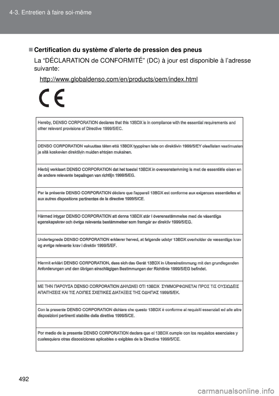 TOYOTA VERSO 2014  Manuel du propriétaire (in French) 492 4-3. Entretien à faire soi-même
Certification du système d’alerte de pression des pneus
La “DÉCLARATION de CONFORMITÉ” (DC) à jour est disponible à l’adresse
suivante:
http://www