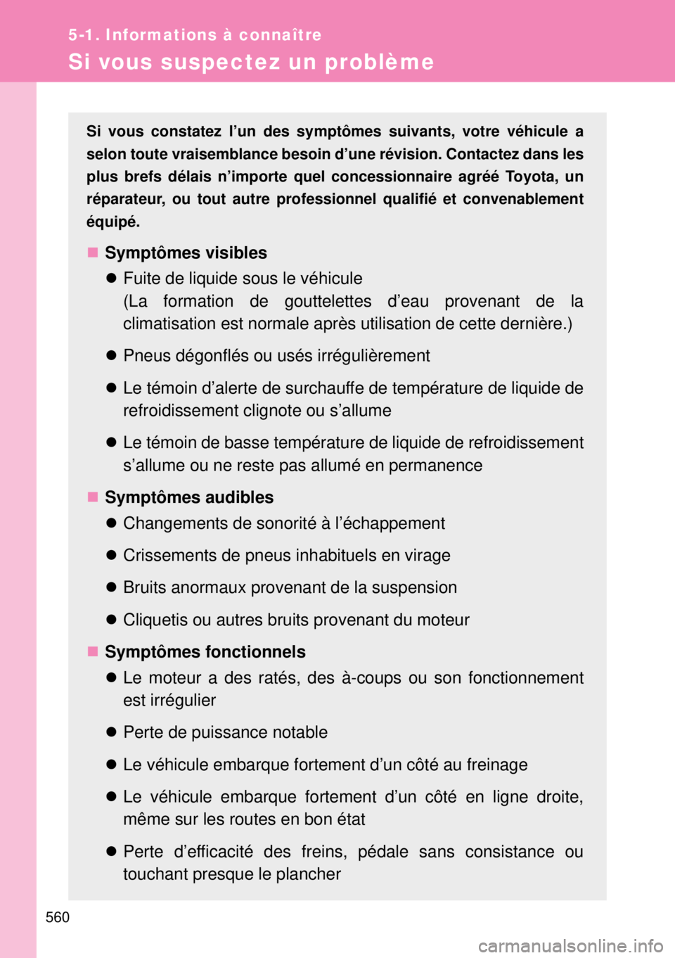 TOYOTA VERSO 2014  Manuel du propriétaire (in French) 560
5-1. Informations à connaître
Si vous suspectez un problème
Si vous constatez l’un des symptômes suivants, votre véhicule a
selon toute vraisemblance besoin d’une révision. Contactez dan
