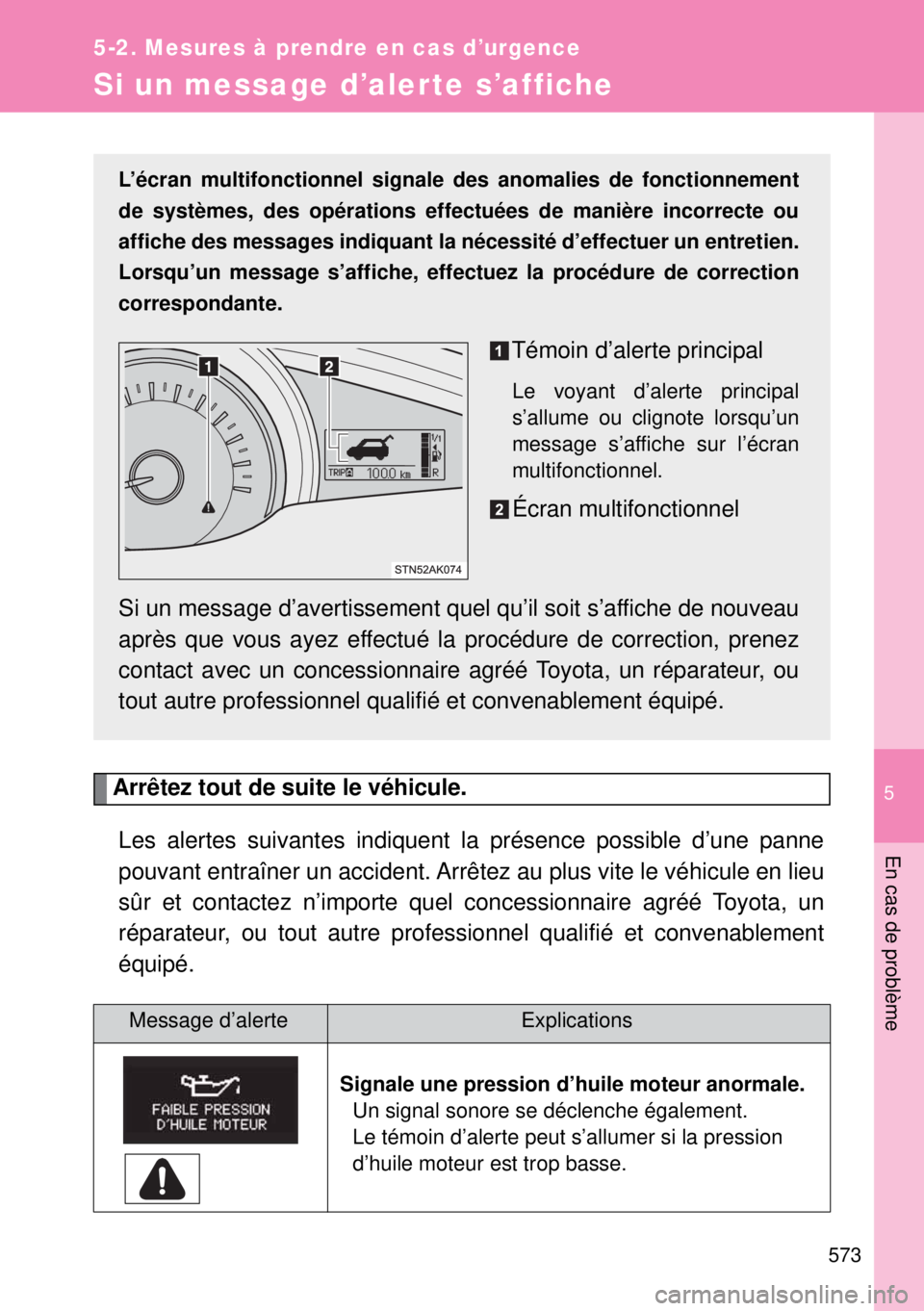 TOYOTA VERSO 2014 Manuel du propriétaire (in French) 5
573
5-2. Mesures à prendre en cas d’urgence
En cas de problème
Si un message d’aler te s’affiche
Arrêtez tout de suite le véhicule.
Les alertes suivantes indiquent la présence possible d TOYOTA VERSO 2014 Manuel du propriétaire (in French) 5
573
5-2. Mesures à prendre en cas d’urgence
En cas de problème
Si un message d’aler te s’affiche
Arrêtez tout de suite le véhicule.
Les alertes suivantes indiquent la présence possible d