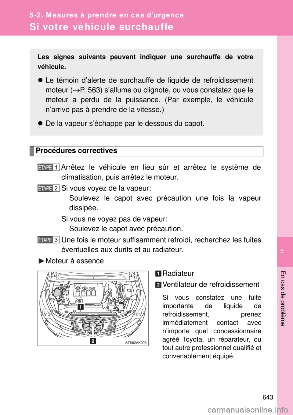 TOYOTA VERSO 2014  Manuel du propriétaire (in French) 5
643
5-2. Mesures à prendre en cas d’urgence
En cas de problème
Si votre véhicule surchauffe
Procédures correctives
Arrêtez le véhicule en lieu sûr et arrêtez le système de
climatisation, 