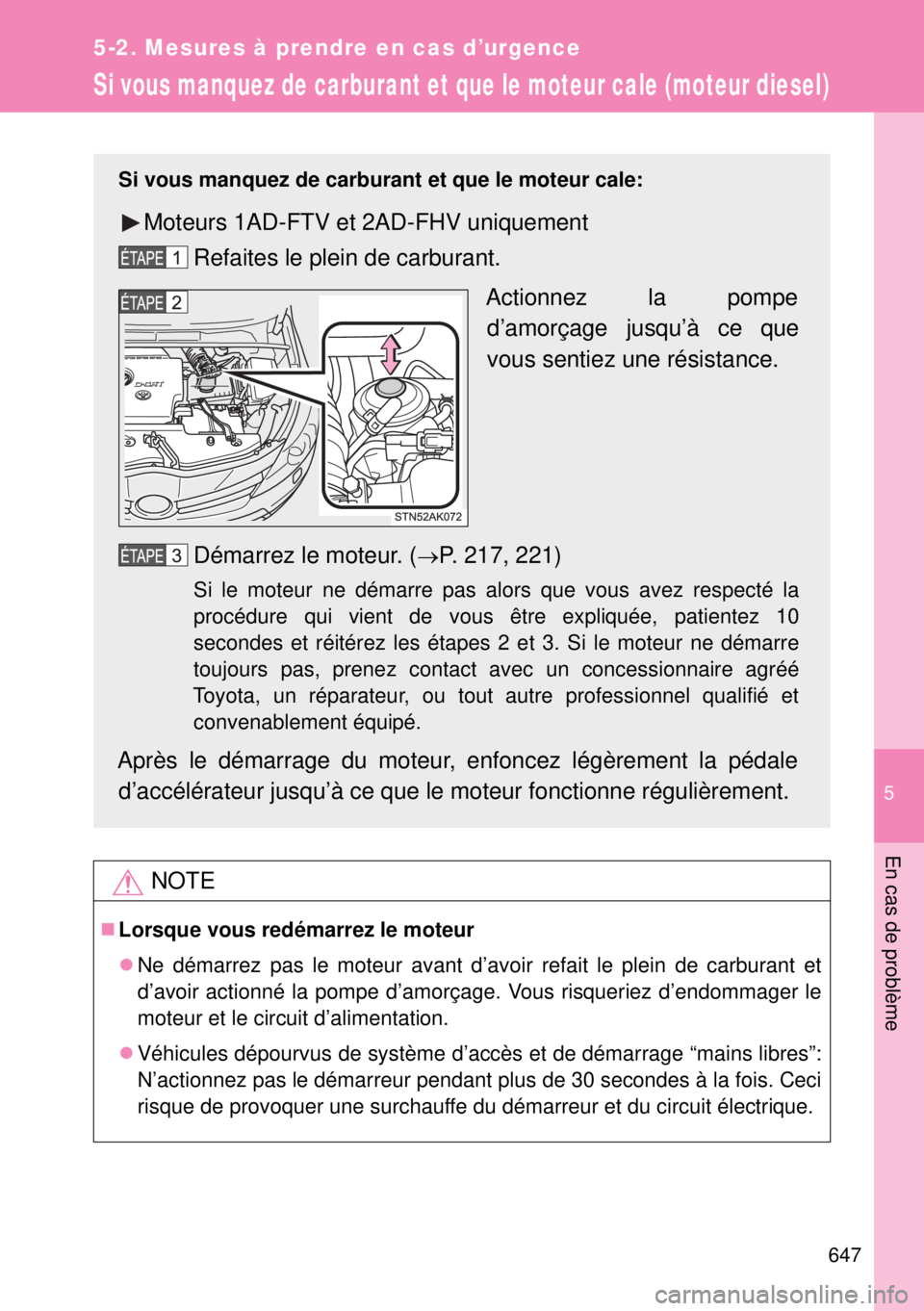 TOYOTA VERSO 2014  Manuel du propriétaire (in French) 5
647
5-2. Mesures à prendre en cas d’urgence
En cas de problème
Si vous manquez de carburant et que le moteur cale (moteur diesel)
NOTE
Lorsque vous redémarrez le moteur
Ne démarrez pas l