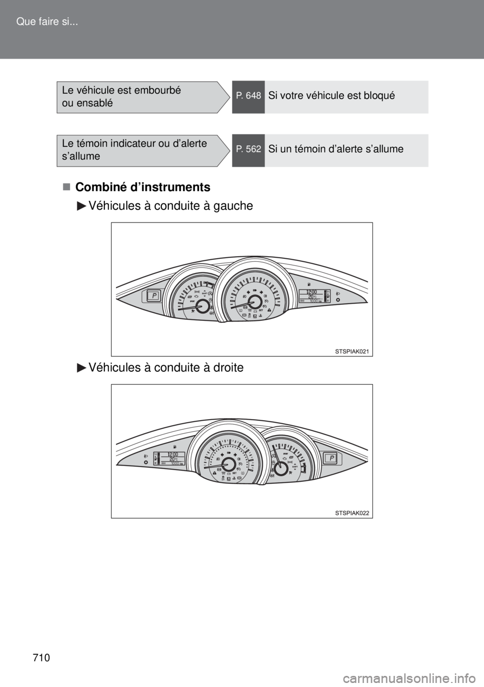 TOYOTA VERSO 2014 Manuel du propriétaire (in French) 710 Que faire si...
Combiné d’instruments
Véhicules à conduite à gauche
Véhicules à conduite à droite
Le véhicule est embourbé
ou ensabléP. 648Si votre véhicule est bloqué
Le témoin TOYOTA VERSO 2014 Manuel du propriétaire (in French) 710 Que faire si...
Combiné d’instruments
Véhicules à conduite à gauche
Véhicules à conduite à droite
Le véhicule est embourbé
ou ensabléP. 648Si votre véhicule est bloqué
Le témoin