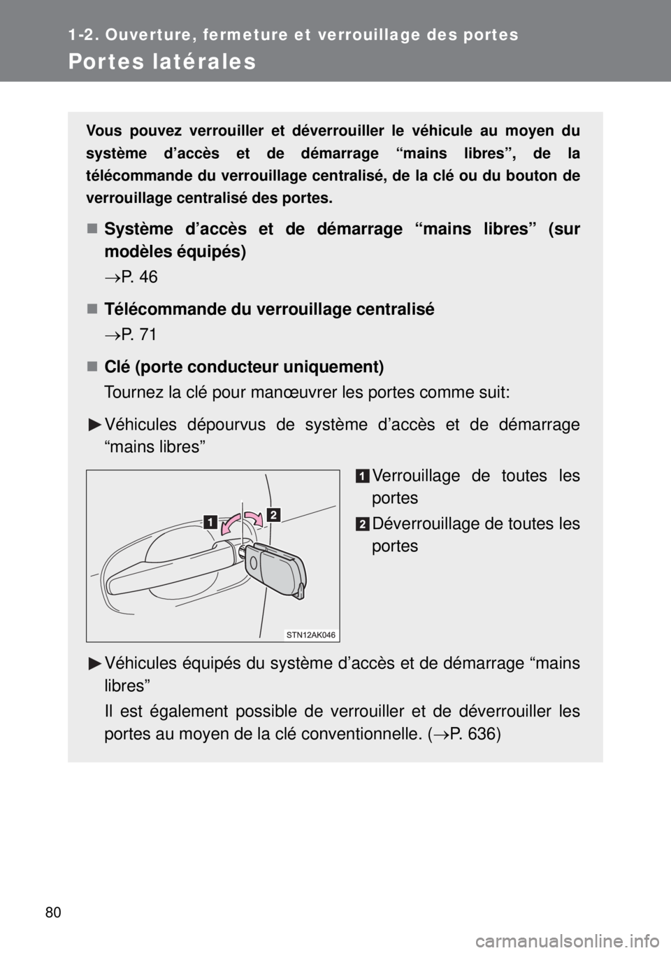 TOYOTA VERSO 2014  Manuel du propriétaire (in French) 80
1-2. Ouverture, fermeture et verrouillage des portes
Por tes latérales
Vous pouvez verrouiller et déverrouiller le véhicule au moyen du
système d’accès et de démarrage “mains libres”, d