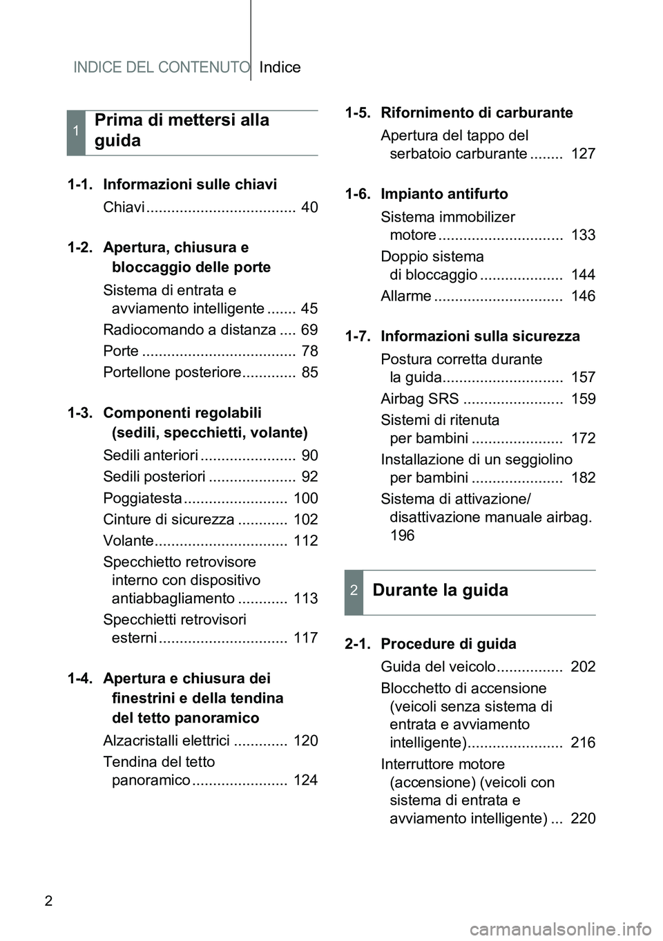 TOYOTA VERSO 2014  Manuale duso (in Italian) INDICE DEL CONTENUTOIndice
2
1-1. Informazioni sulle chiavi
Chiavi ....................................  40
1-2. Apertura, chiusura e 
bloccaggio delle porte
Sistema di entrata e 
avviamento intellige