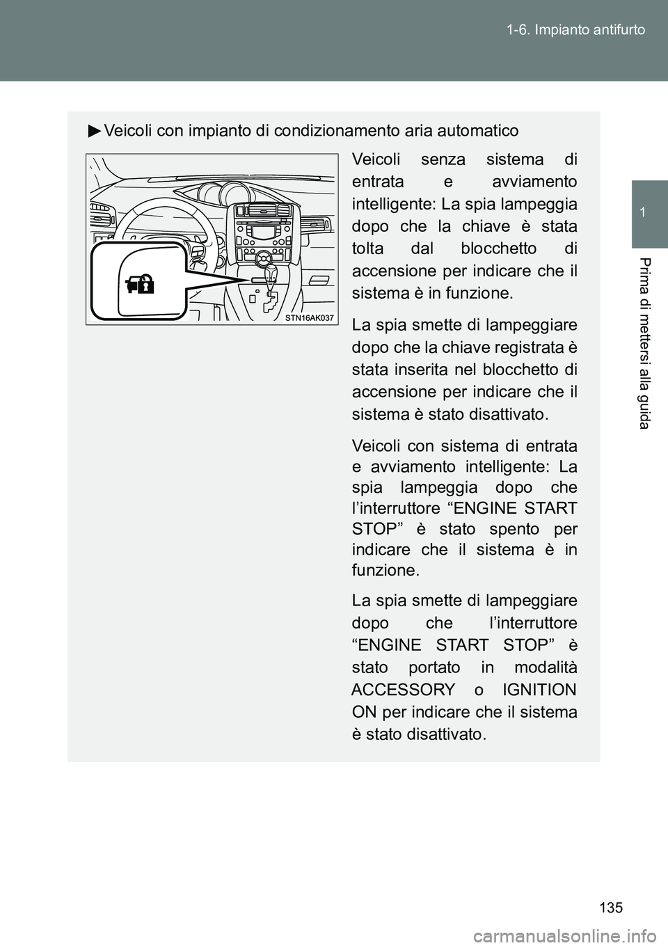 TOYOTA VERSO 2014  Manuale duso (in Italian) 135 1-6. Impianto antifurto
1
Prima di mettersi alla guida
Veicoli con impianto di condizionamento aria automatico
Veicoli senza sistema di
entrata e avviamento
intelligente: La spia lampeggia
dopo ch
