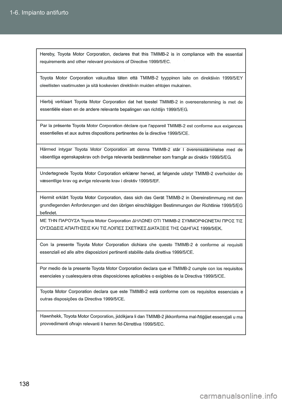 TOYOTA VERSO 2014  Manuale duso (in Italian) 138 1-6. Impianto antifurto 