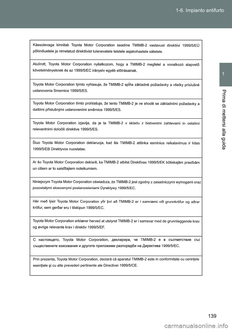 TOYOTA VERSO 2014  Manuale duso (in Italian) 139 1-6. Impianto antifurto
1
Prima di mettersi alla guida 