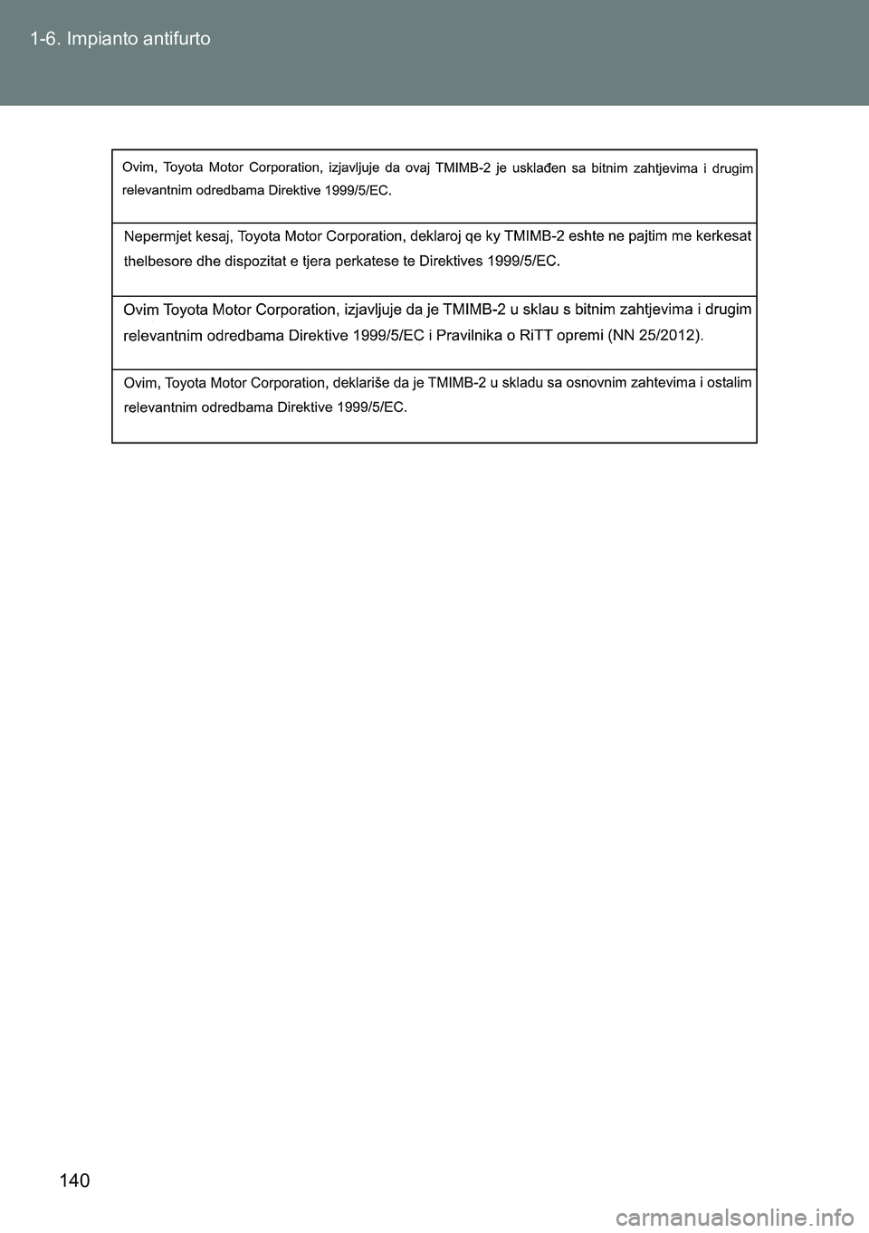 TOYOTA VERSO 2014  Manuale duso (in Italian) 140 1-6. Impianto antifurto 