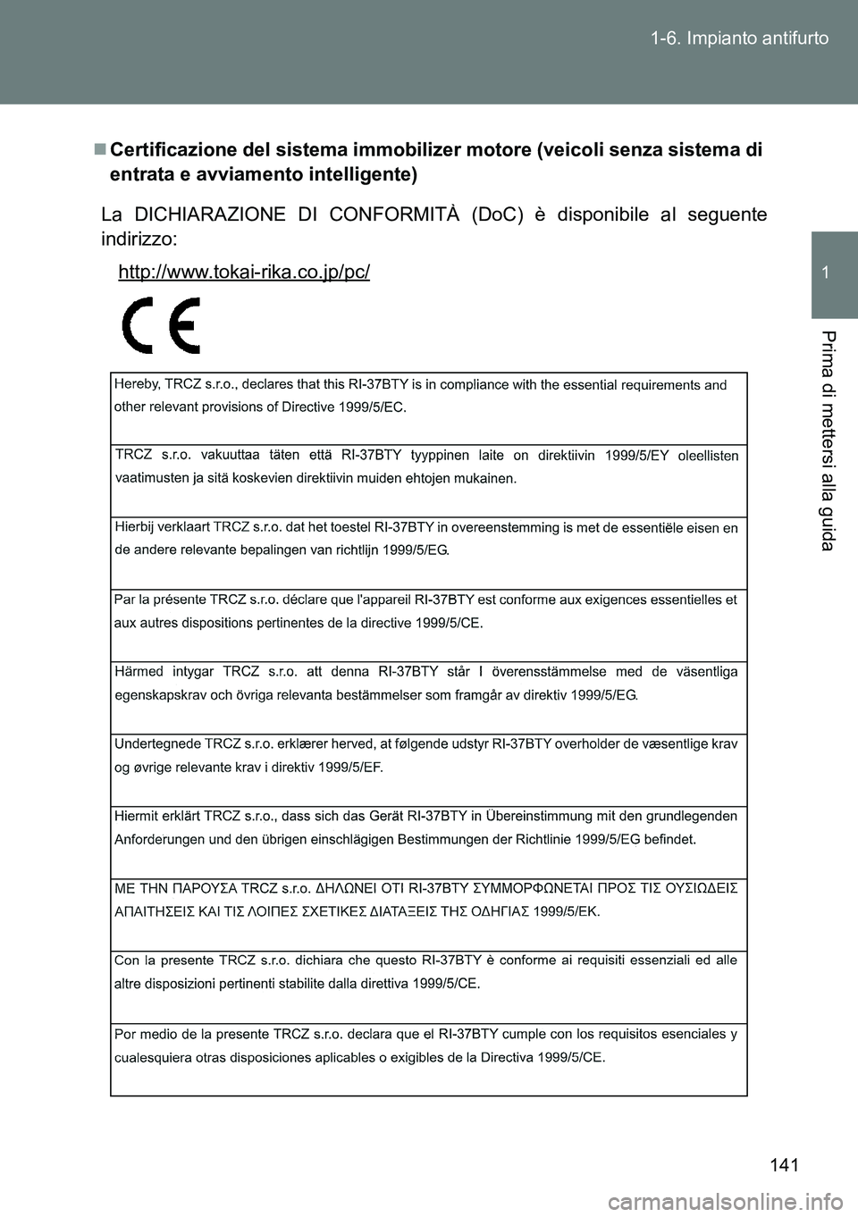 TOYOTA VERSO 2014  Manuale duso (in Italian) 141 1-6. Impianto antifurto
1
Prima di mettersi alla guida
Certificazione del sistema immobilizer motore (veicoli senza sistema di
entrata e avviamento intelligente)
La DICHIARAZIONE DI CONFORMITÀ