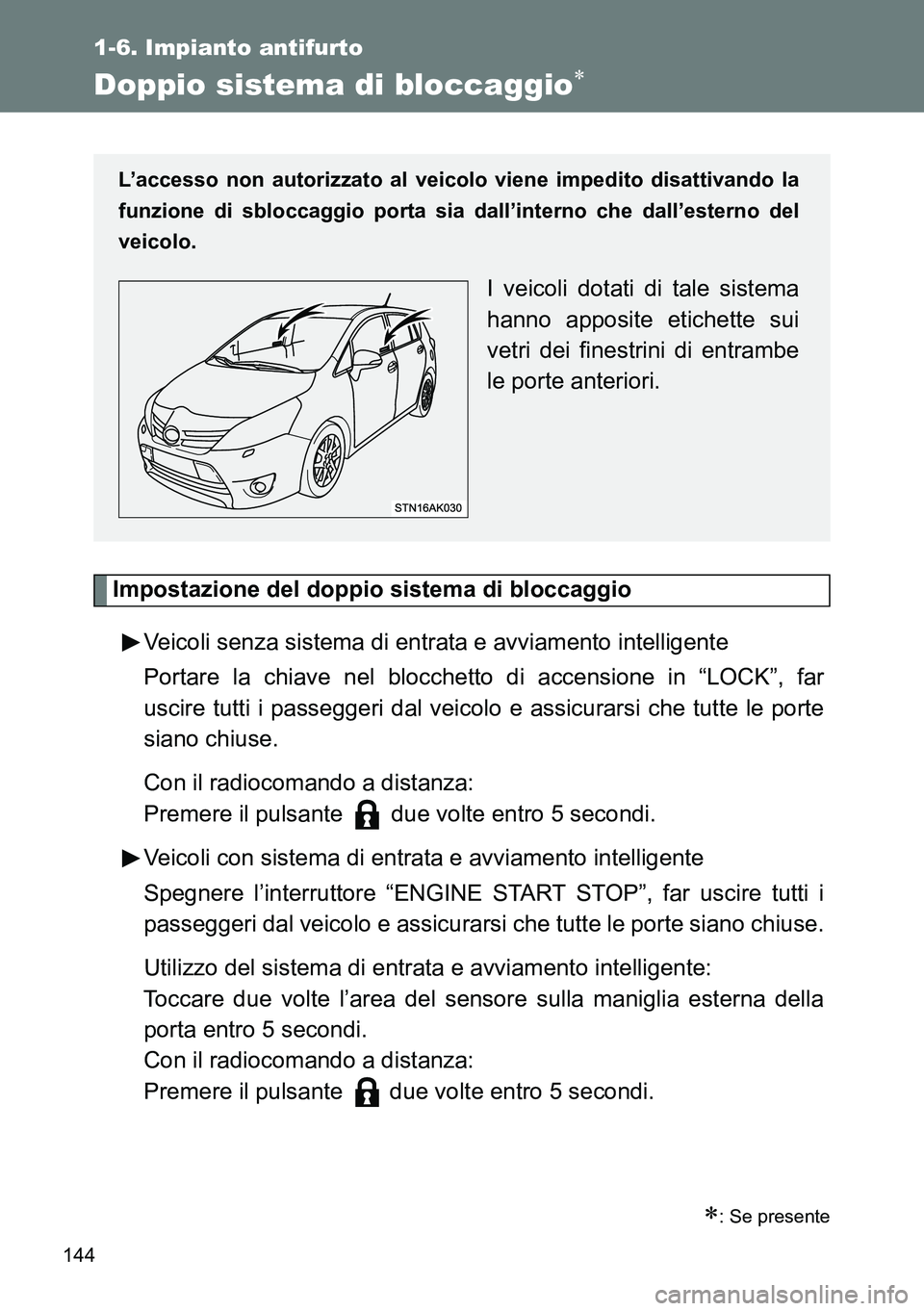 TOYOTA VERSO 2014  Manuale duso (in Italian) 144
1-6. Impianto antifurto
Doppio sistema di bloccaggio
Impostazione del doppio sistema di bloccaggio
Veicoli senza sistema di entrata e avviamento intelligente
Portare la chiave nel blocchetto di