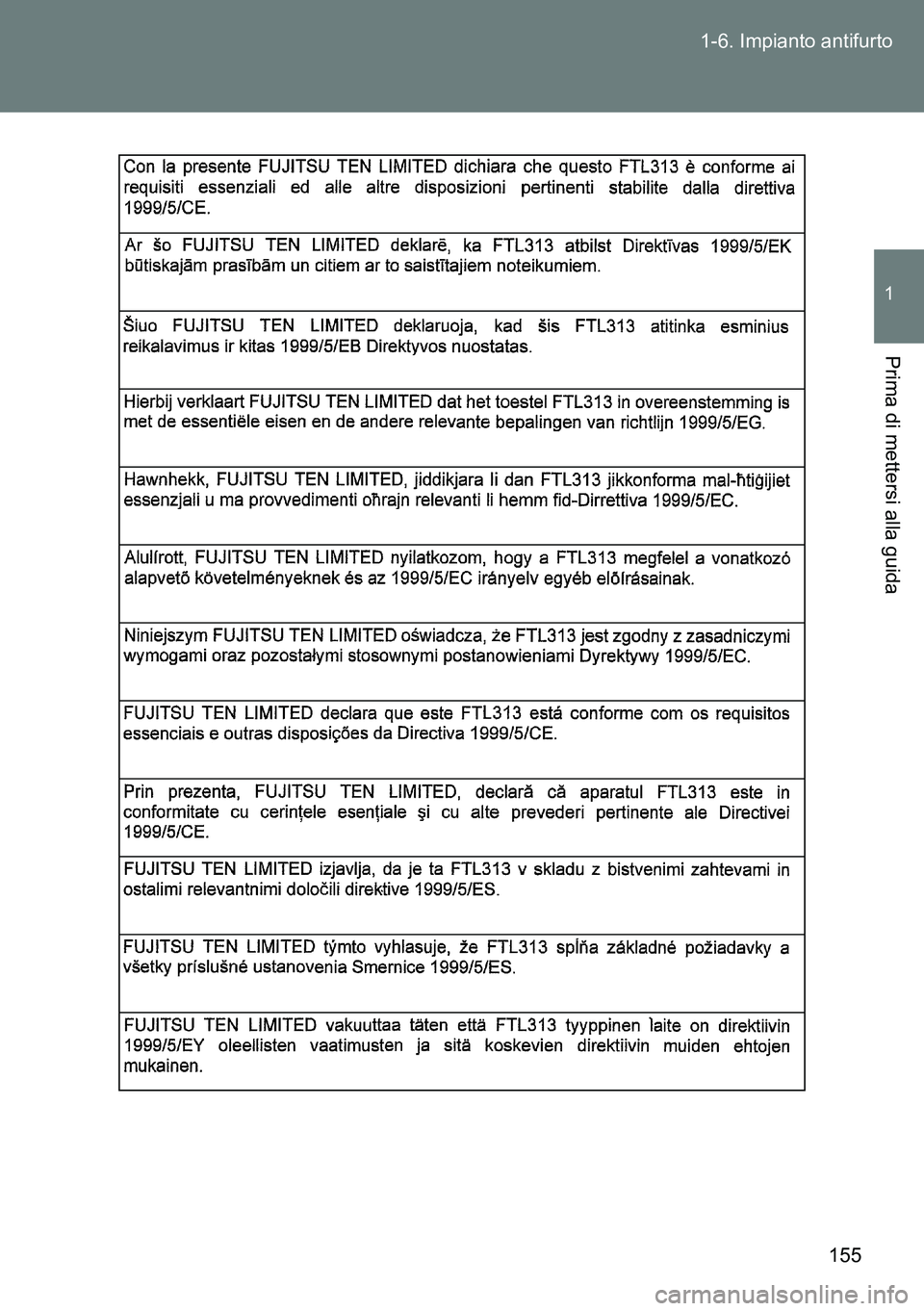 TOYOTA VERSO 2014  Manuale duso (in Italian) 155 1-6. Impianto antifurto
1
Prima di mettersi alla guida 