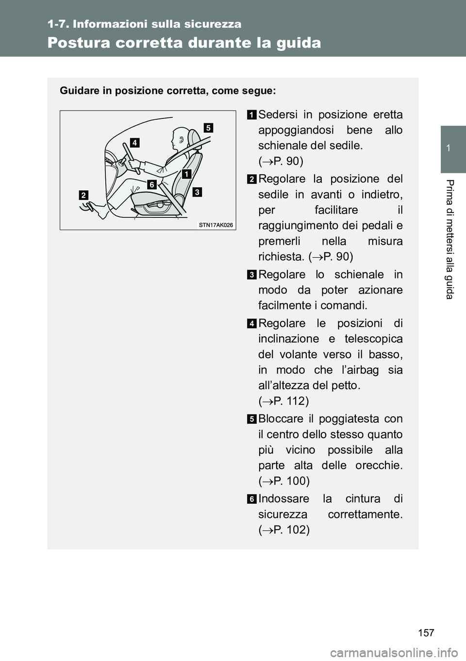 TOYOTA VERSO 2014  Manuale duso (in Italian) 157
1
Prima di mettersi alla guida
1-7. Informazioni sulla sicurezza
Postura corretta durante la guida
Guidare in posizione corretta, come segue:
Sedersi in posizione eretta
appoggiandosi bene allo
sc