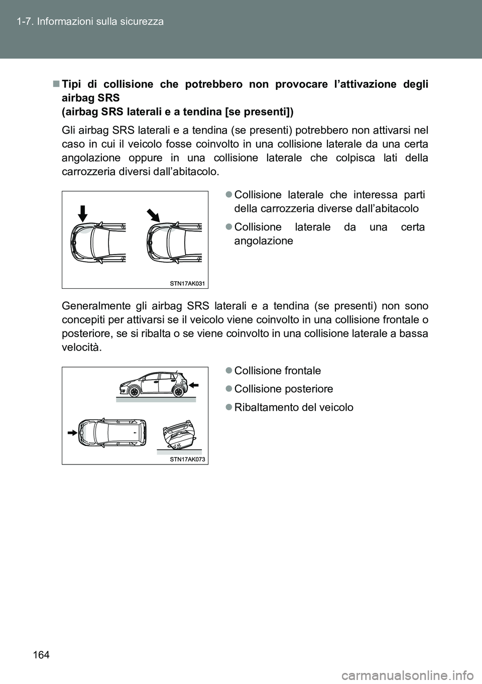 TOYOTA VERSO 2014  Manuale duso (in Italian) 164 1-7. Informazioni sulla sicurezza
Tipi di collisione che potrebbero non provocare l’attivazione degli
airbag SRS 
(airbag SRS laterali e a tendina [se presenti])
Gli airbag SRS laterali e a t