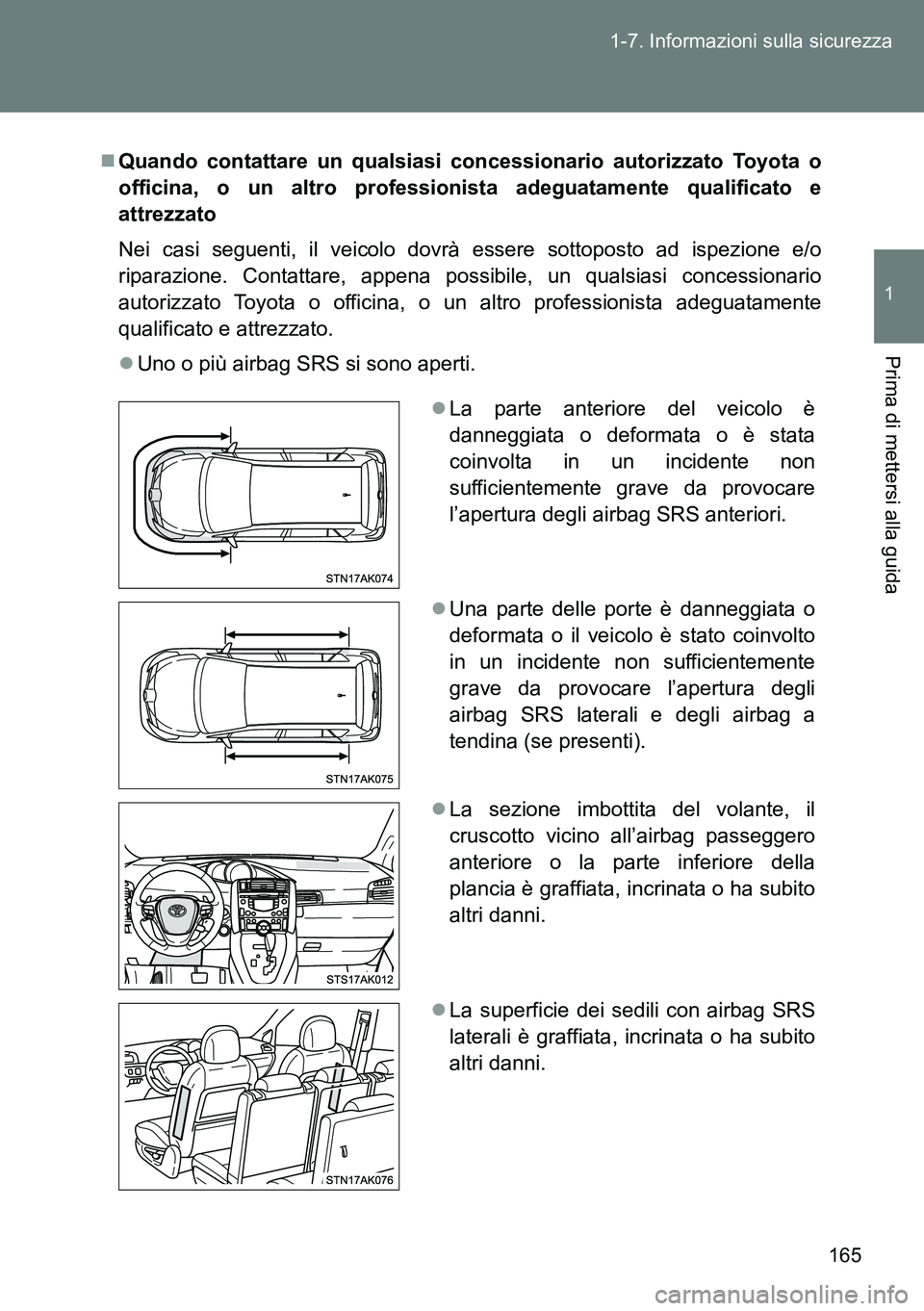 TOYOTA VERSO 2014  Manuale duso (in Italian) 165 1-7. Informazioni sulla sicurezza
1
Prima di mettersi alla guida
Quando contattare un qualsiasi concessionario autorizzato Toyota o
officina, o un altro professionista adeguatamente qualificato