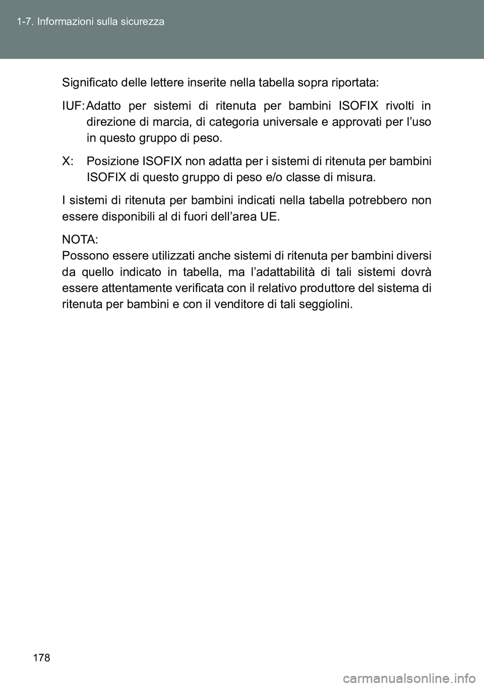 TOYOTA VERSO 2014  Manuale duso (in Italian) 178 1-7. Informazioni sulla sicurezza
Significato delle lettere inserite nella tabella sopra riportata:
IUF: Adatto per sistemi di ritenuta per bambini ISOFIX rivolti in
direzione di marcia, di catego